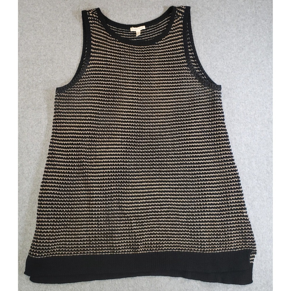 Eileen Fisher Mesh Tank Top Womens Black Beige Size L Organic Cotton Linen Blend